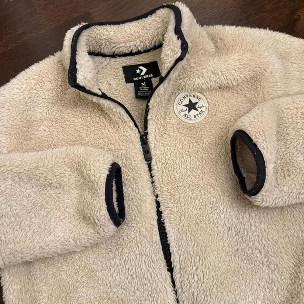 Vintage Converse Sherpa Fleece Jacket | Cream Beige with Black Trim | XS